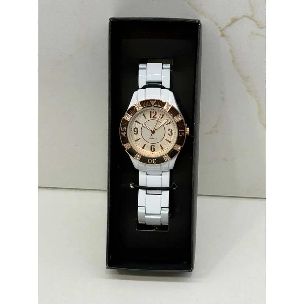 Avon Ceramic Look Color Bracelet Watch White Bronze Bezel NIB Untested